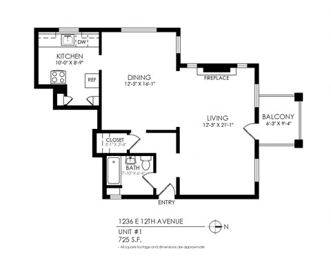 Floor plan for studio, 1 bath, 725 sqft